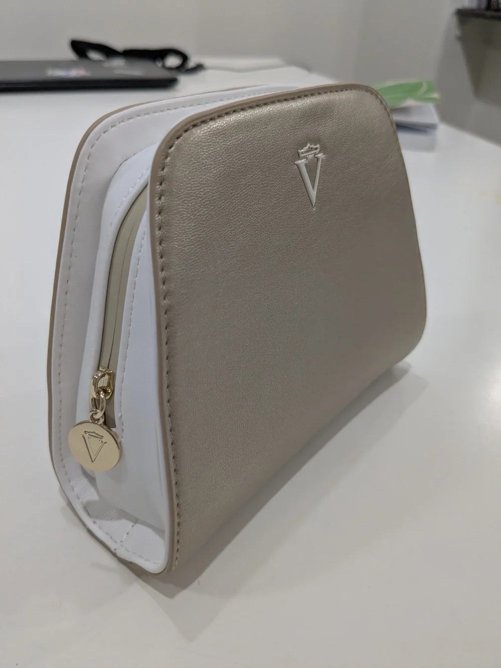 Valmont Champagne Gold White Zip Pouch Clutch Cosmetic